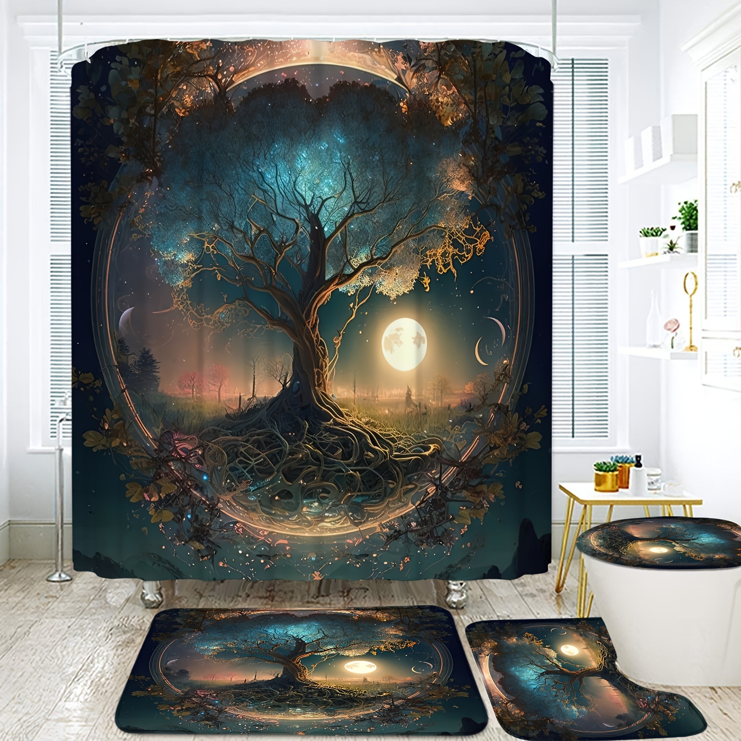 

4pcs Tree Printed Set, Waterproof Bathroom Partition Curtain With Hooks, Non-slip Bath Rug, Toilet U-shape Mat, Toilet Lid Cover Mat, Bathroom Accessories, Bathroom Decor