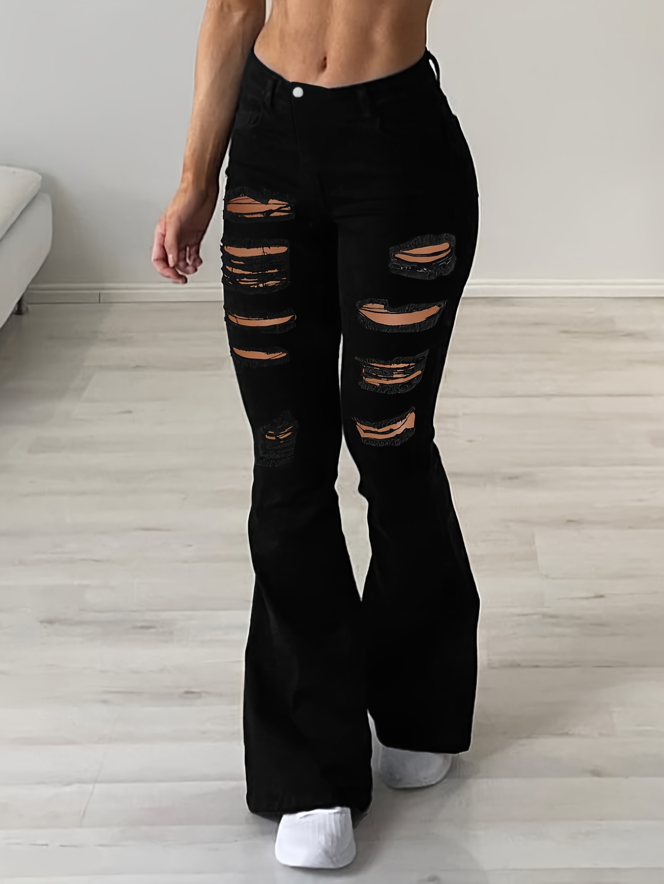 Solid Ripped Holes Bell Bottom Jeans, High Waist Y2k Street Style Sexy  Denim Pants, Women's Denim Jeans & Clothing
