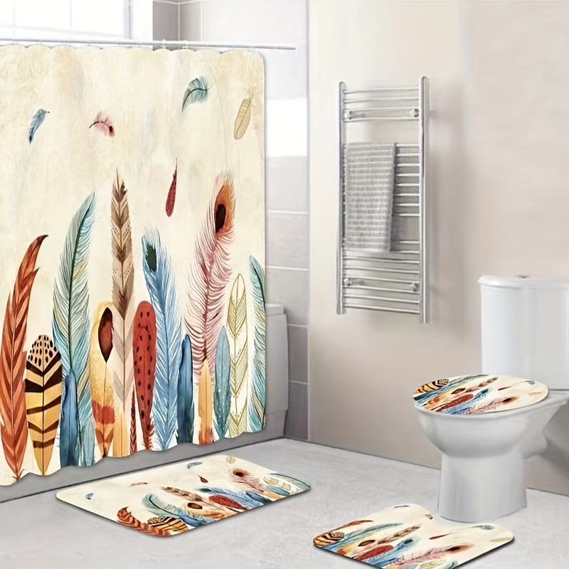 4pcs Feathers Shower Curtain Sets with 12 Hooks - Free Shipping for New Users