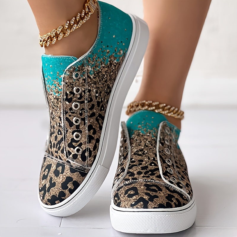 womens leopard print canvas shoes fashion low top ombre flat sneakers casual walking shoes details 2