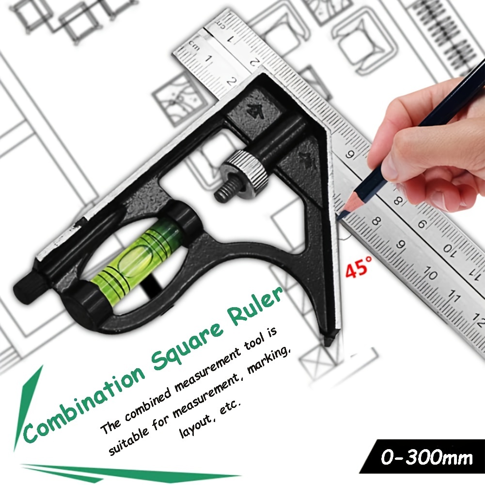 Set Squadra Combinata, righello angolare quadrato multifunzione da 300 mm,  45/90 gradi con livella a bolla, 0-300 mm Campo di misura, 1 mm Valore di  indicizzazione : : Commercio, Industria e Scienza