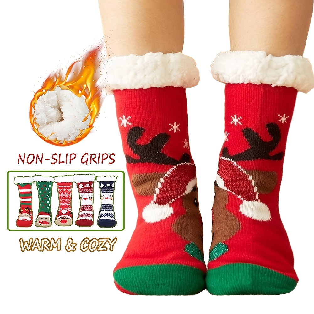 Women's Anti-Skid Socks,Cozy Fuzzy Fleece-Lined Warm Socks with Silicone  Grippers,Christmas Socks，Pink