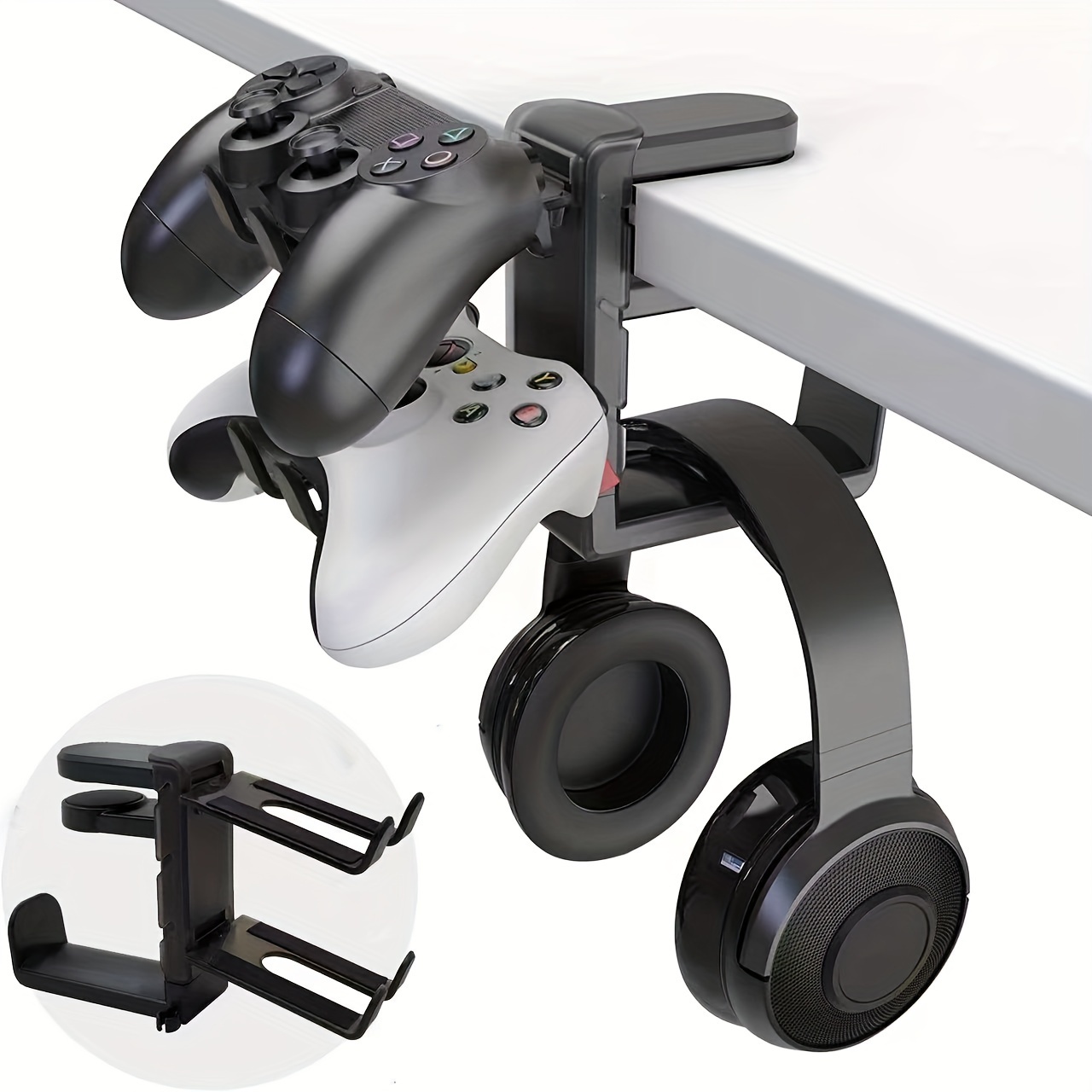 

1pc Gaming Headphone & Controller Holder - Headphones Hanger W/adjustable & Rotating Arm Clamp, Headphone Stand Under Desk, Universal Headset Controllers Hook With Cable Organizer