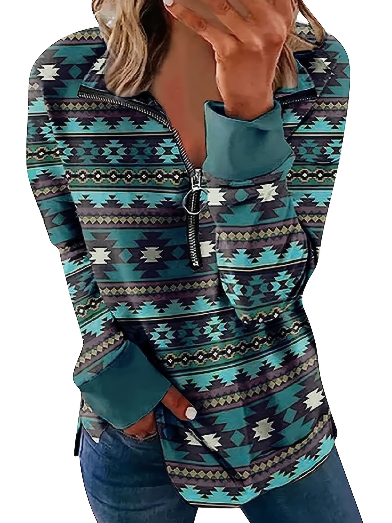 Full Geometric Print Zip Front T-Shirt, Casual Long Sleeve Top For Spring &  Fall, Women's Clothing