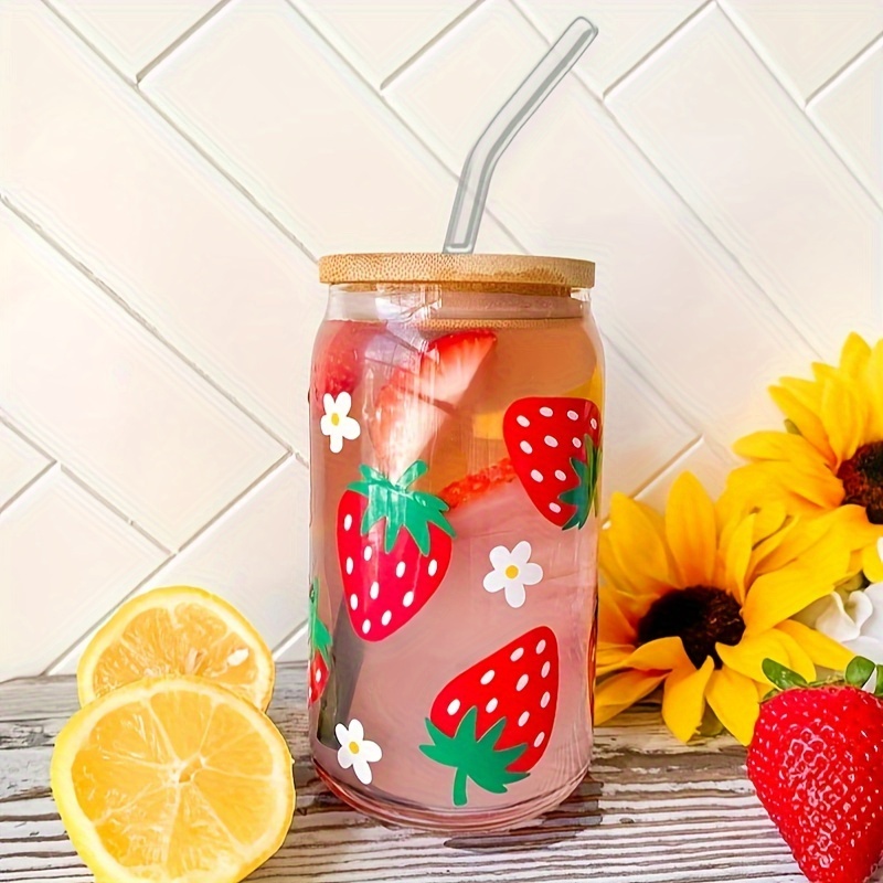 Strawberry Flower Pattern Drinking Glass With Lid And - Temu