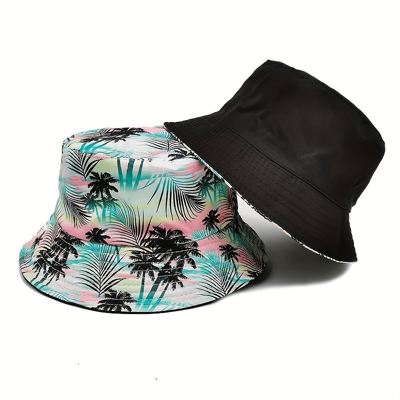 Coconut Tree Print Bucket Hat Double Sided Casual Vacation Sun Hat