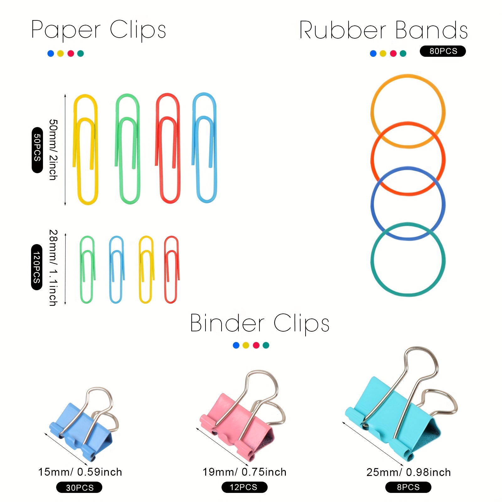 Clips para carpetas Clips de papel, 300 piezas Juego de clips de oficina de  colores con abrazaderas de papel Clips de papel Bandas de goma para  suministros de oficina y escuela, tamaños