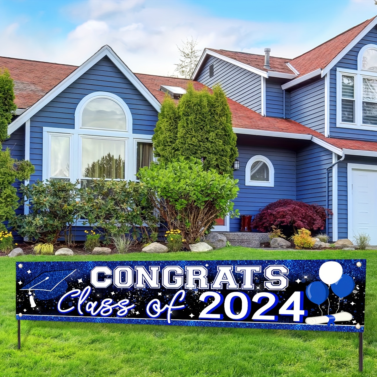 Congrats Grad Banner Blue Class Of 2024 Banner Backdrop - Temu