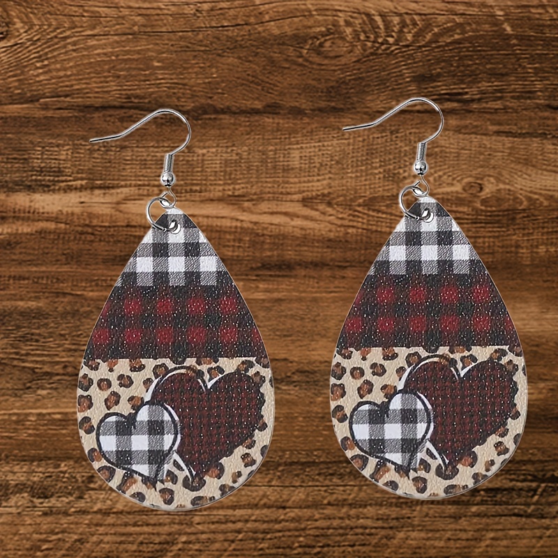 Leopard Pattern PU Leather LOVE Teardrop Shape Earrings For Men Gift
