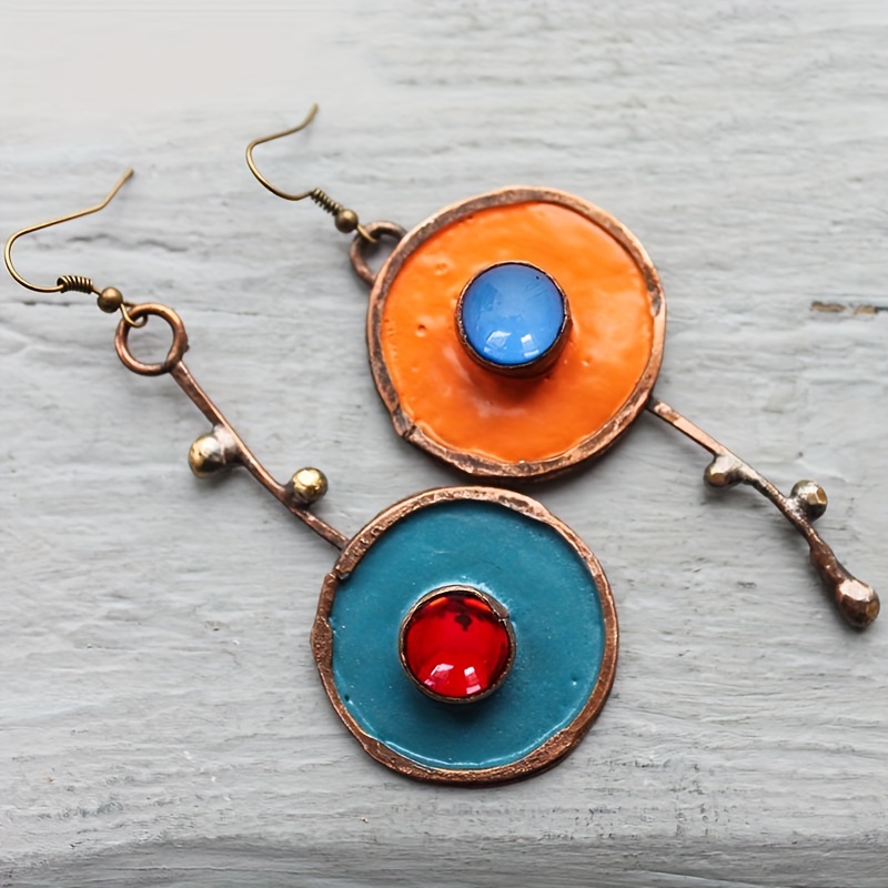 

1pair Vintage Boho Round Gemstone Drop Earrings, Holiday Party Gift