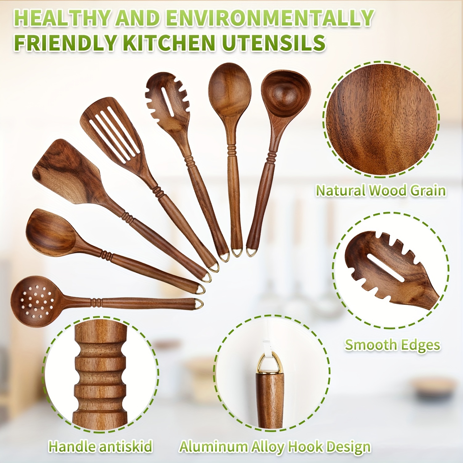 4 cucharas de madera para cocinar, utensilios de madera para cocinar, juego  de utensilios de cocina de madera natural, juego de utensilios de cocina