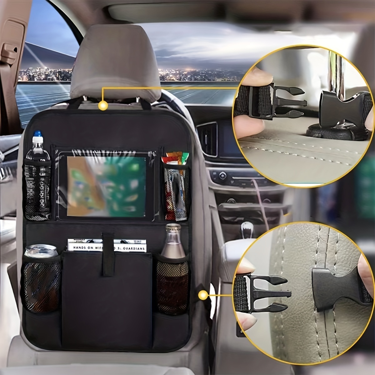 Protecteur de dossier de siège d'auto, organisateur de siège d'auto étanche  avec rangement multiple pour tablette / téléphone, sac de rangement de voiture  multifonctionnel pour l'organisation de voiture