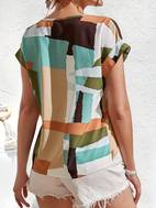 patchwork print crew neck blouse casual short sleeve loose blouse for every day womens clothing