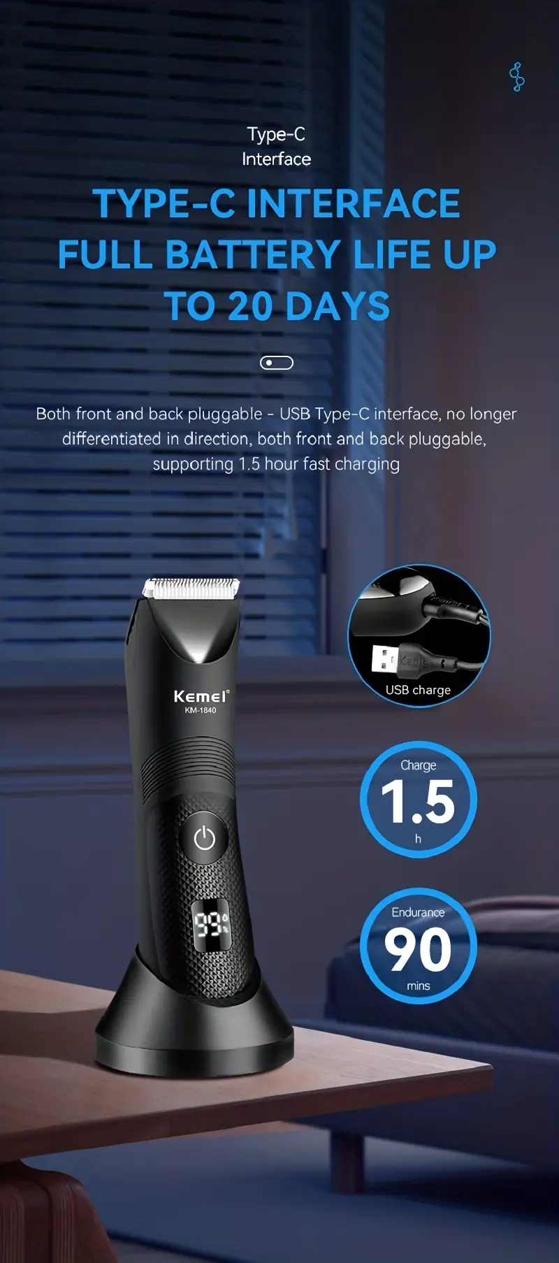 kemei body groin hair trimmer for men replaceable ceramic blade heads waterproof wet dry clippers led light and standing dock ultimate male hygiene razor and electric body shavers for balls details 6