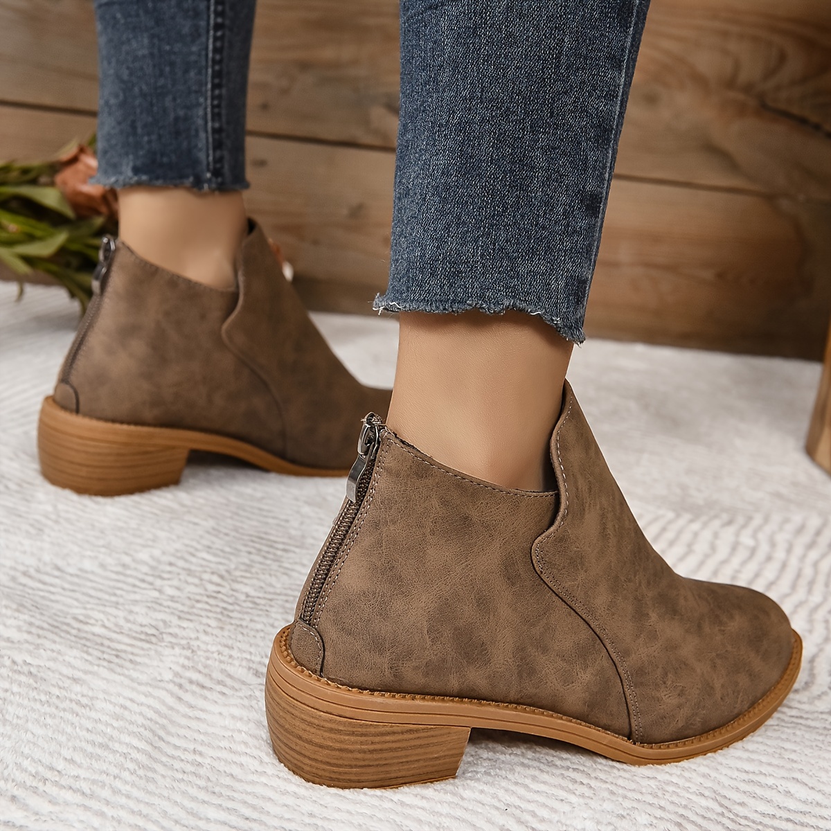 Women's Retro Ruched Ankle Boots, Solid Color Zipper Chunky Heeled Boots,  Casual All-Match Short Boots