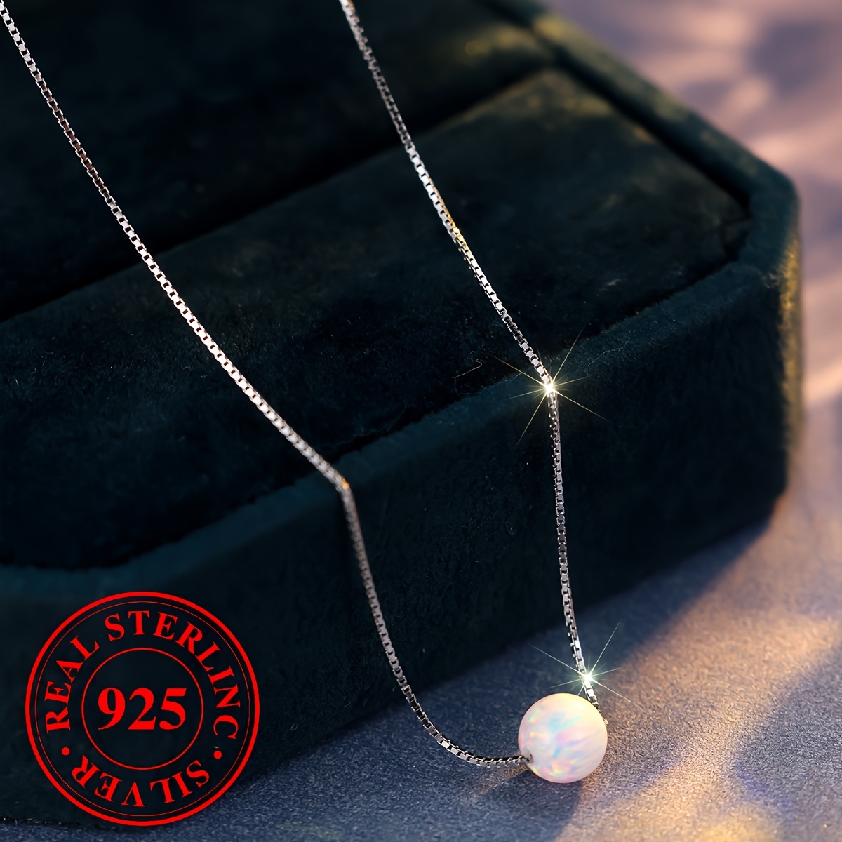 

Simple 925 Sterling Silver Round Ball White Opal Pendant Necklace Women's Engagement Wedding Gift