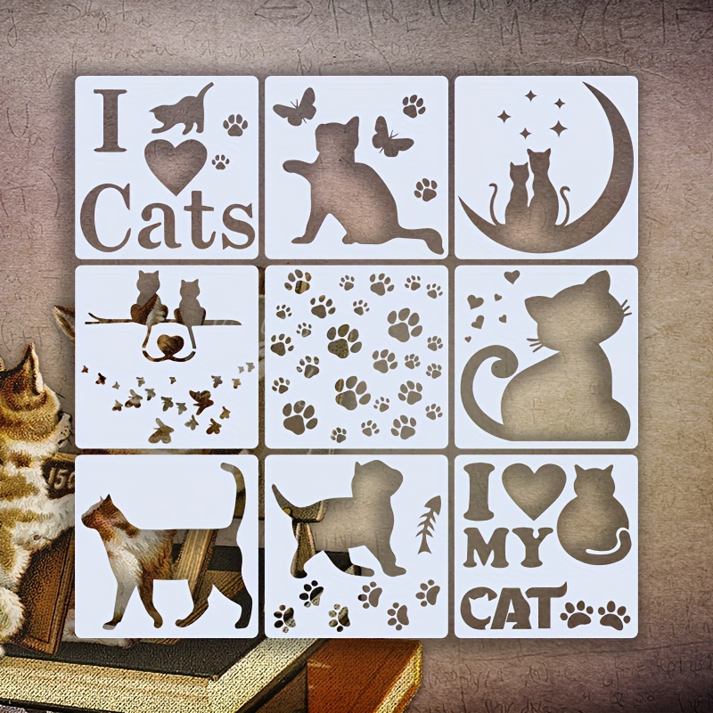6Pcs A5 I Love Cat Butterfly Layering Stencils for Painting