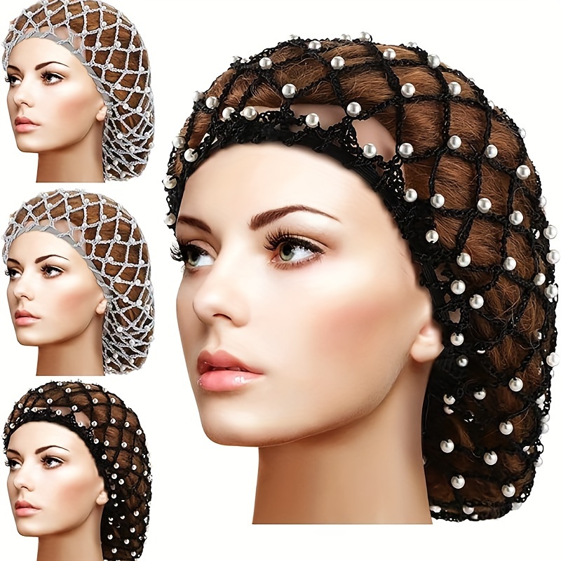 

Faux Pearl Decor Crochet Hair Bonnet Solid Color Hollow Out Breathable Hair Bonnets Elastic Adjustable Shower Cap For Women Daily Uses