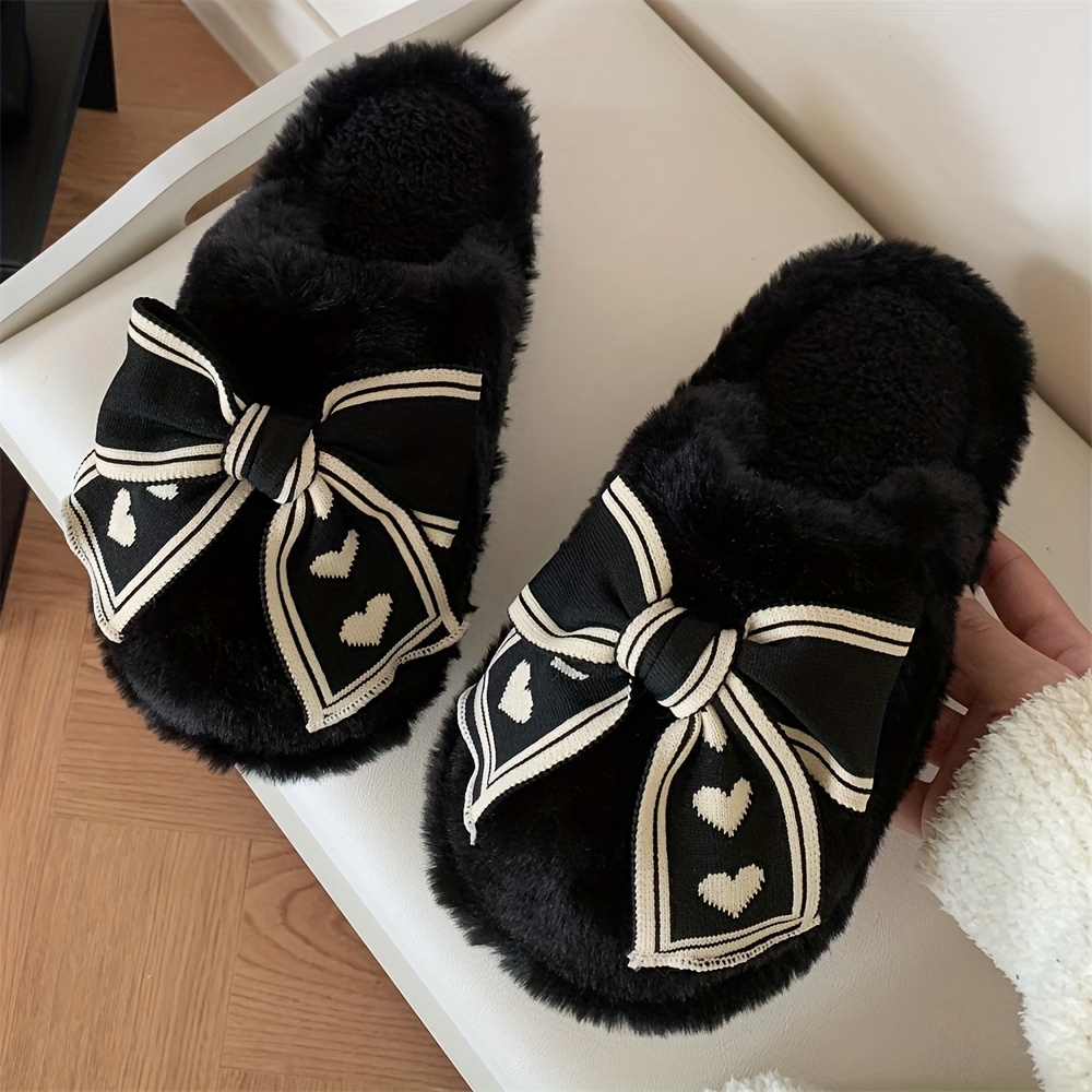 Cute Bowknot Decor Fluffy Slippers Slip Round Toe Soft Sole Temu