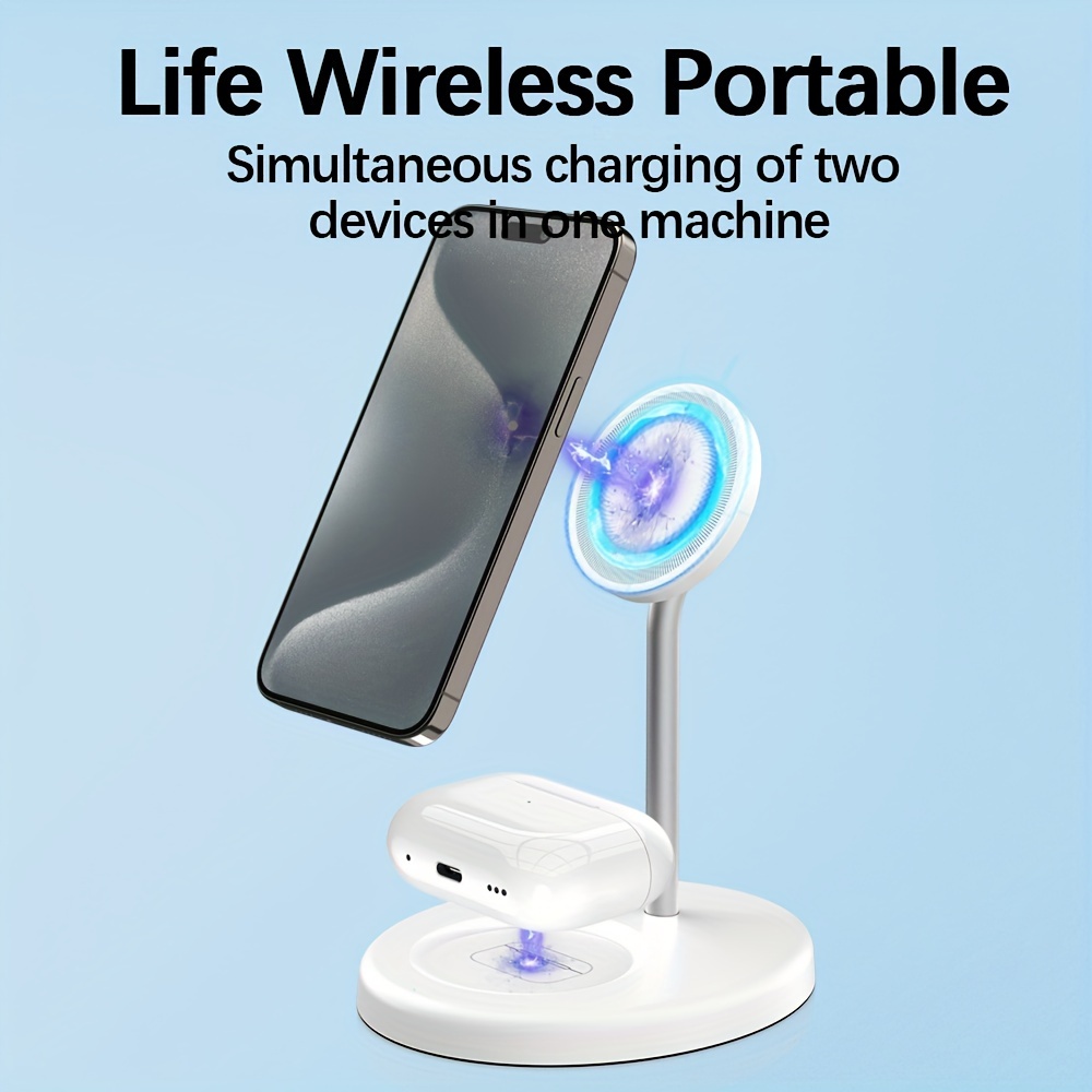 

2-in-1 Magnetic Wireless Charger Stand 15w Fast Charging Dock Station Holder For 15/14/13/12 Pro Max, For Airpods, Mobile Phone Holder