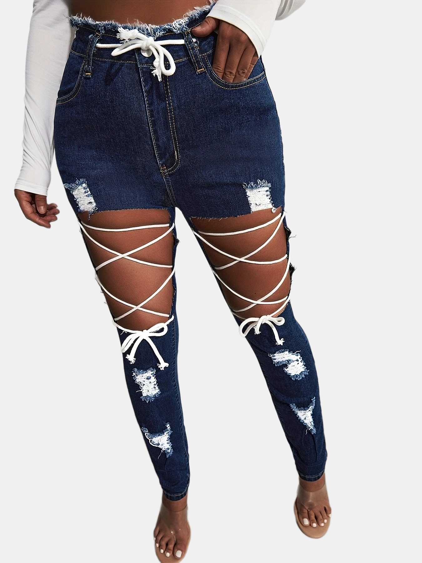 Lace Up Waistband Drawstring Skinny Jeans, Cut Out Frayed Trim
