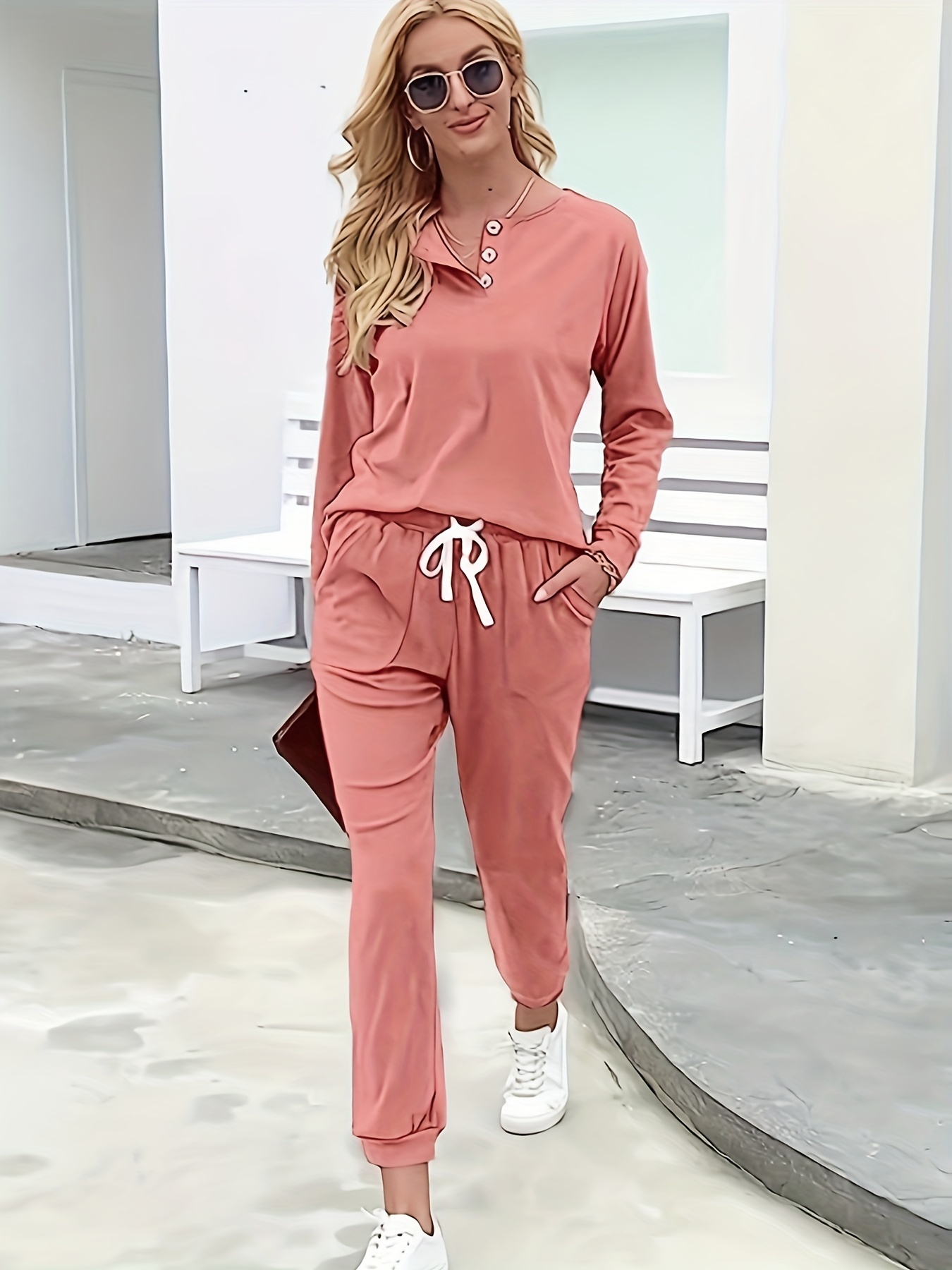 Plus Size Causal Outfits Set, Women's Plus Solid Long Sleeve Drawstring  High Neck Sweatshirt & Jogger Sweatpants Outfits Two Piece Set