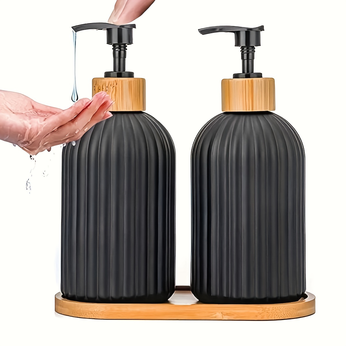 GIRLUFO Black Kitchen Soap Dispenser Set,4Pcs Dish Soap Dispenser Kitchen  with Bamboo Tray and Natural Dish Brush,Modern Ceramic Hand and Dish Soap