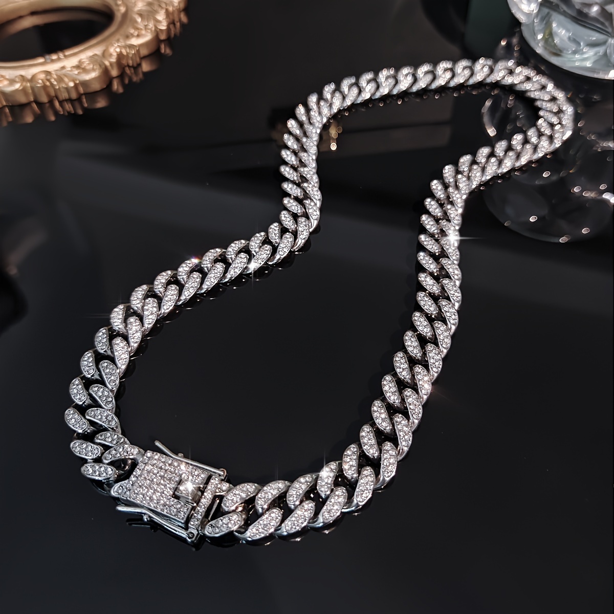 

1pc Hot Miami Iced Out Rhinestone Necklace For Men Hip Hop Rock Jewelry Party Gift Chain Link For Street Boy And Girl Classical Cuban Chain Crystal For Men Women