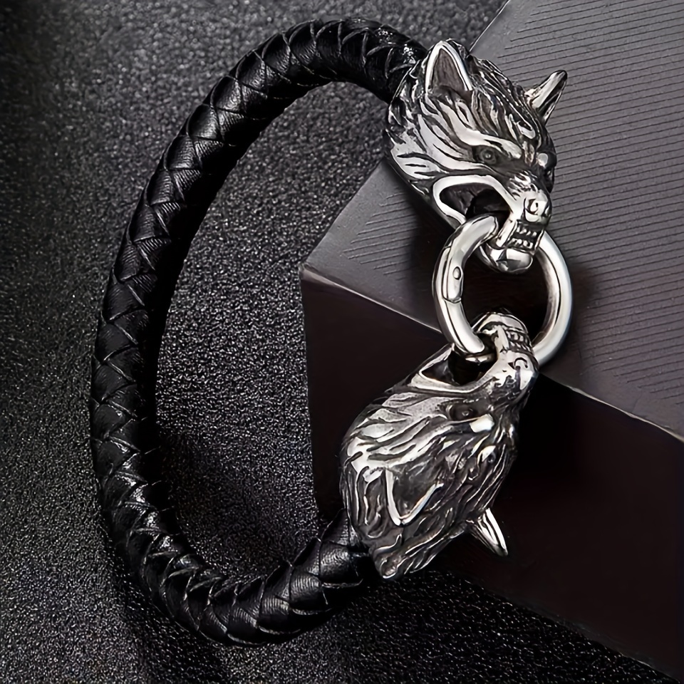 1pc Pulsera con Dije de Cabeza de Lobo Vikingo, Acero Inoxidable & Cuerda de Cuero Artificial, Accesorio Creativo Hecho a Mano para Hombres, Negro