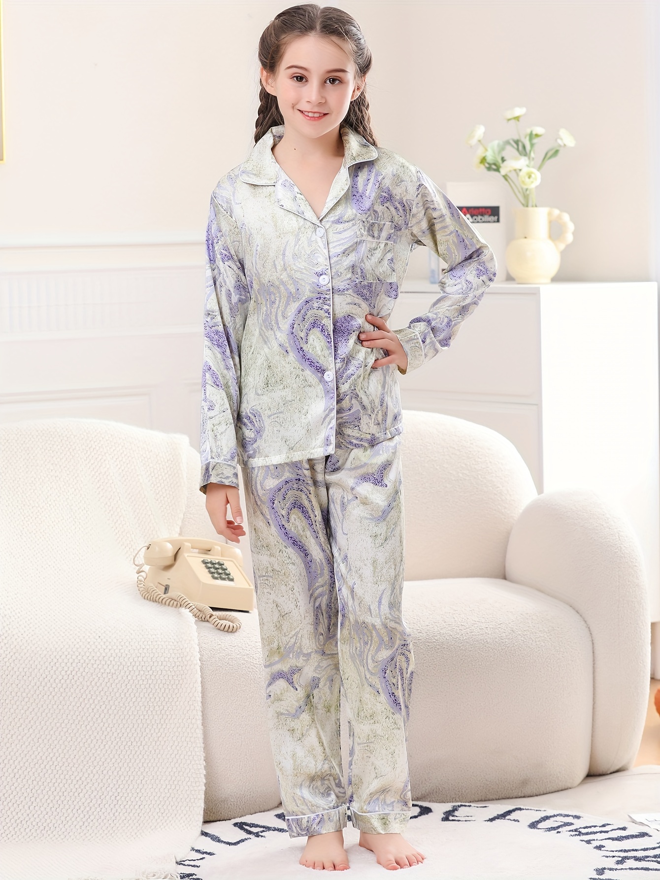 Girls 2-piece Pajama Sets Ice Silk Lapel Front Buckle Chest Pocket Long  Sleeve Top & Matching Pants Casual PJ Sets