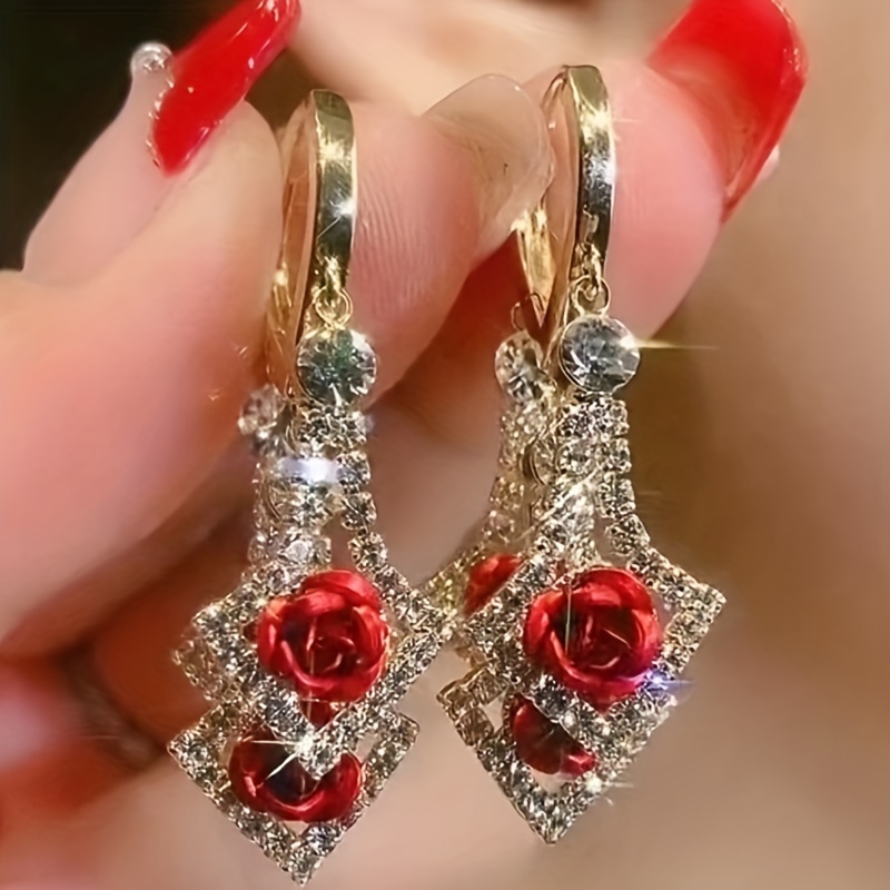

Hollow Rhombus Shape Shiny Zircon Inlaid With Red/ Purple Fabric Rose Decor Dangle Earrings Elegant Luxury Style Trendy Female Gift