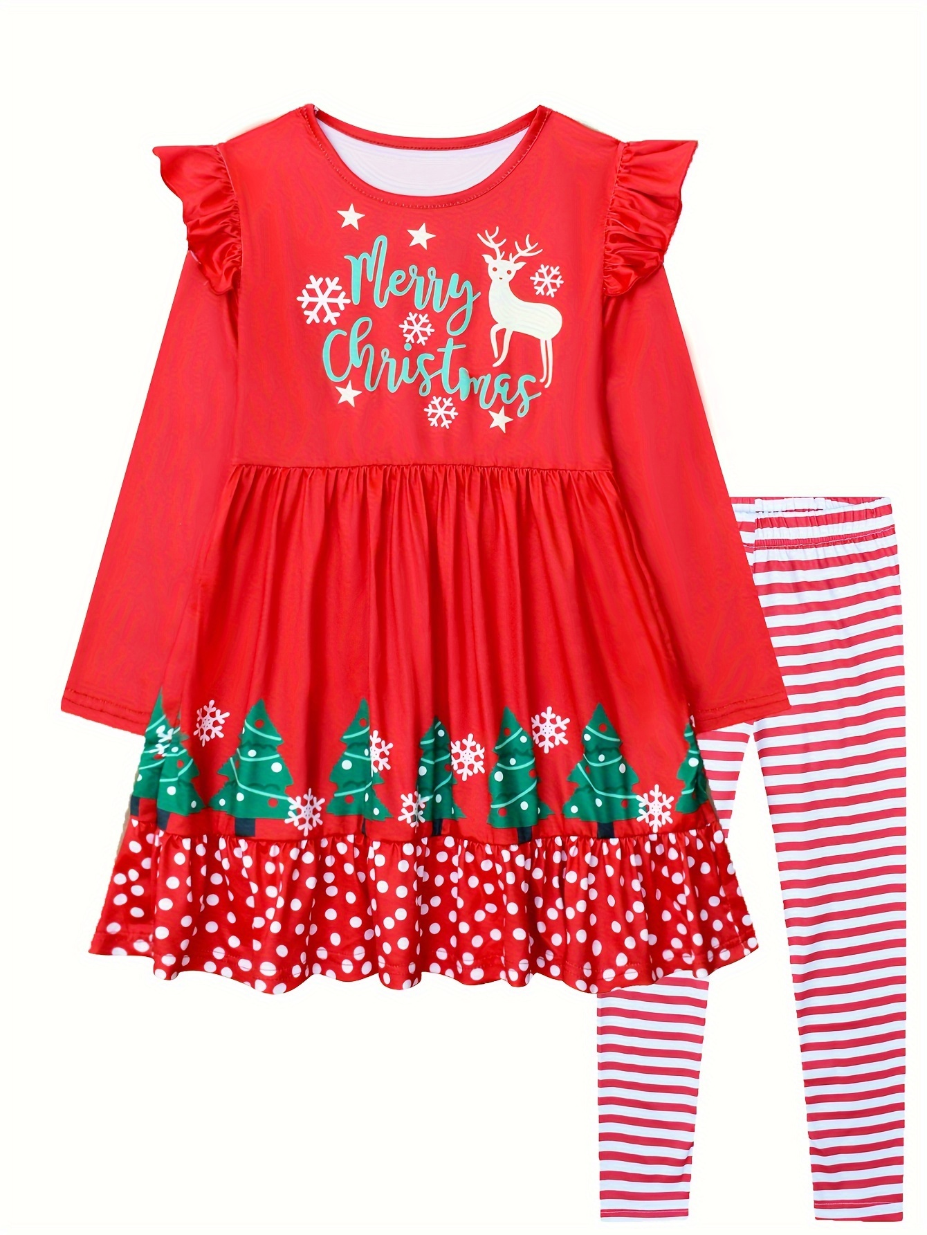 Conjunto Vestido Ribete Aleteo Estampado Feliz Navidad Niñas - Temu Chile