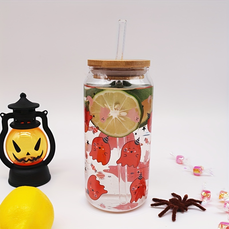 Ghost Drinking Glass With Lid And Straw High - Temu