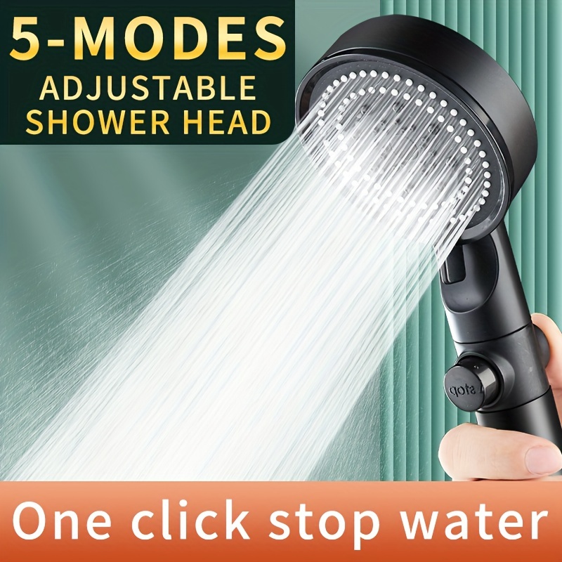 1pc 節水ブラックシャワーヘッド、5モード付き高圧調節シャワーヘッド、バスルーム用品
