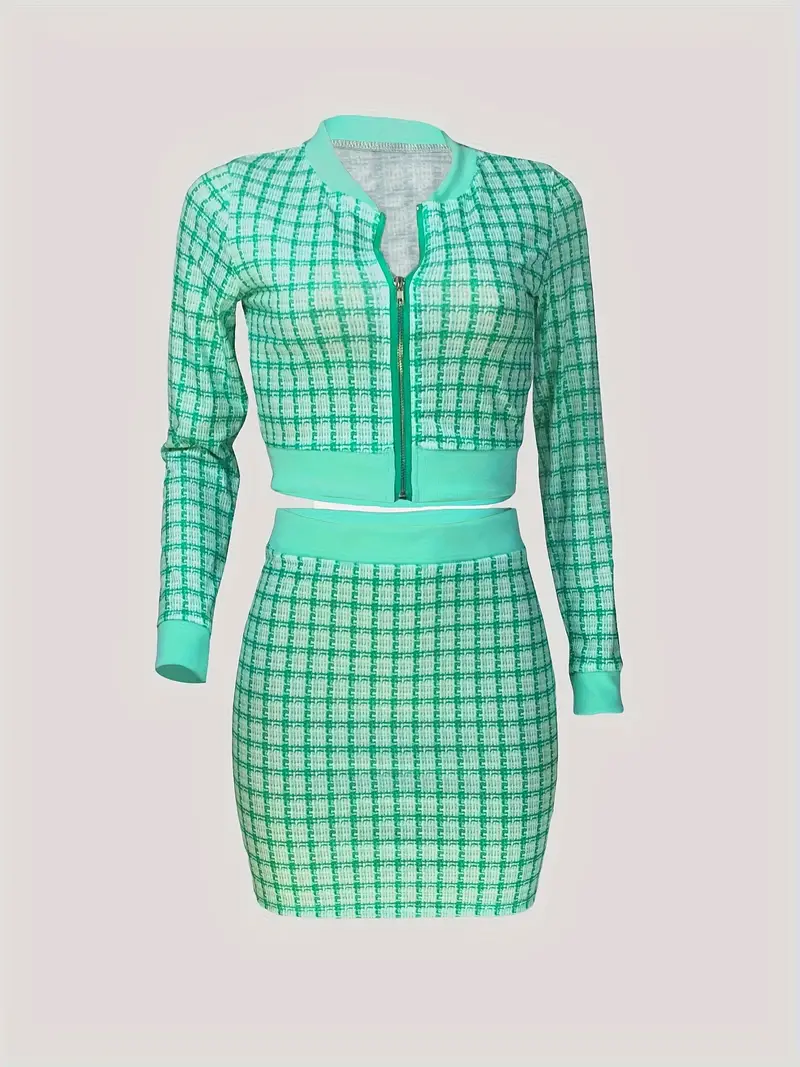 elegant plaid matching two piece set crop zip up jacket bodycon skirt outfits womens clothing details 31