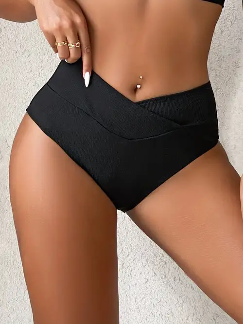 Crossover Black High Waist Bikini Bottoms Solid Color - Temu Canada