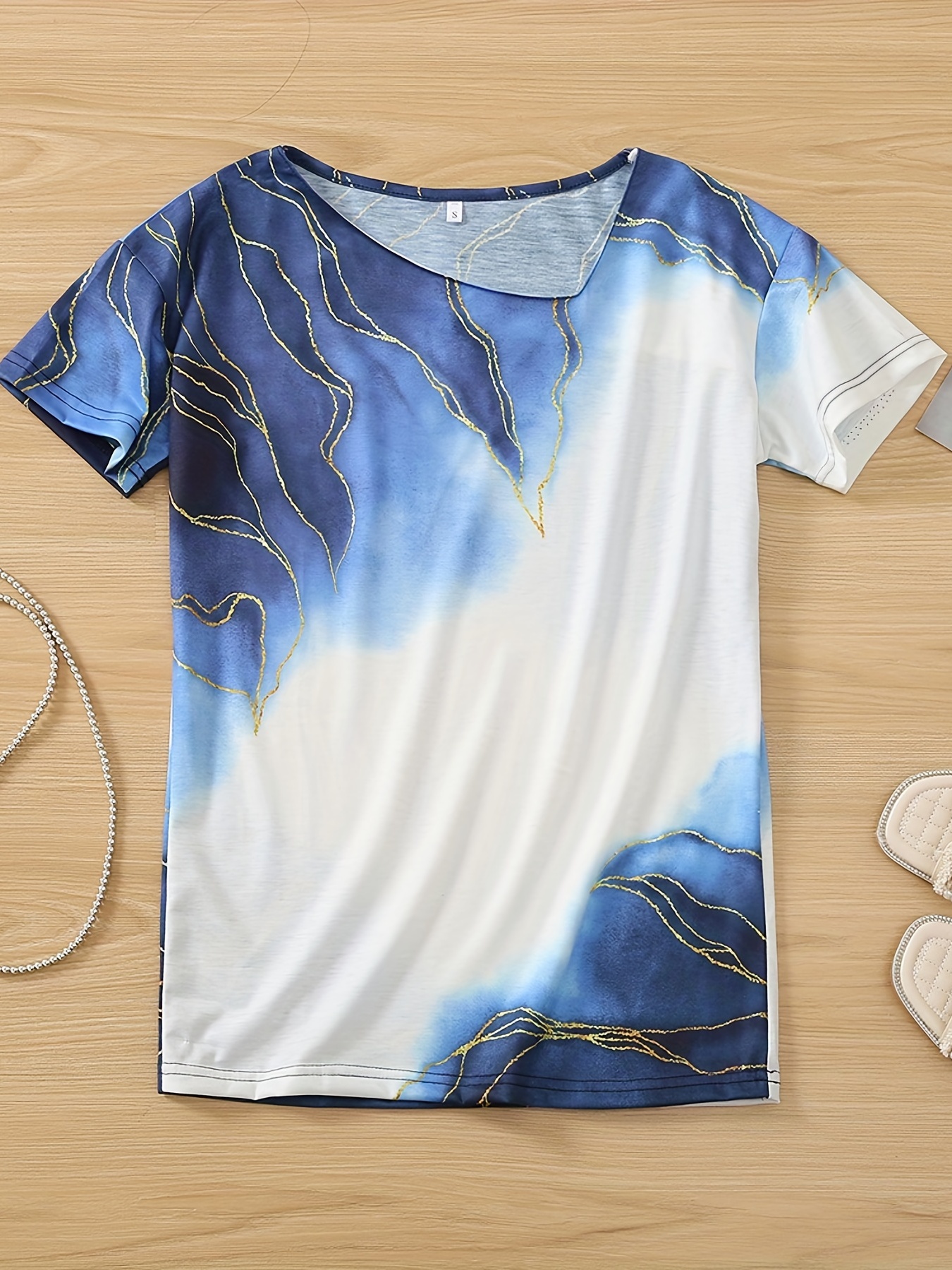 Marble Print Asymmetrical T-shirt, Casual Short Sleeve V Neck