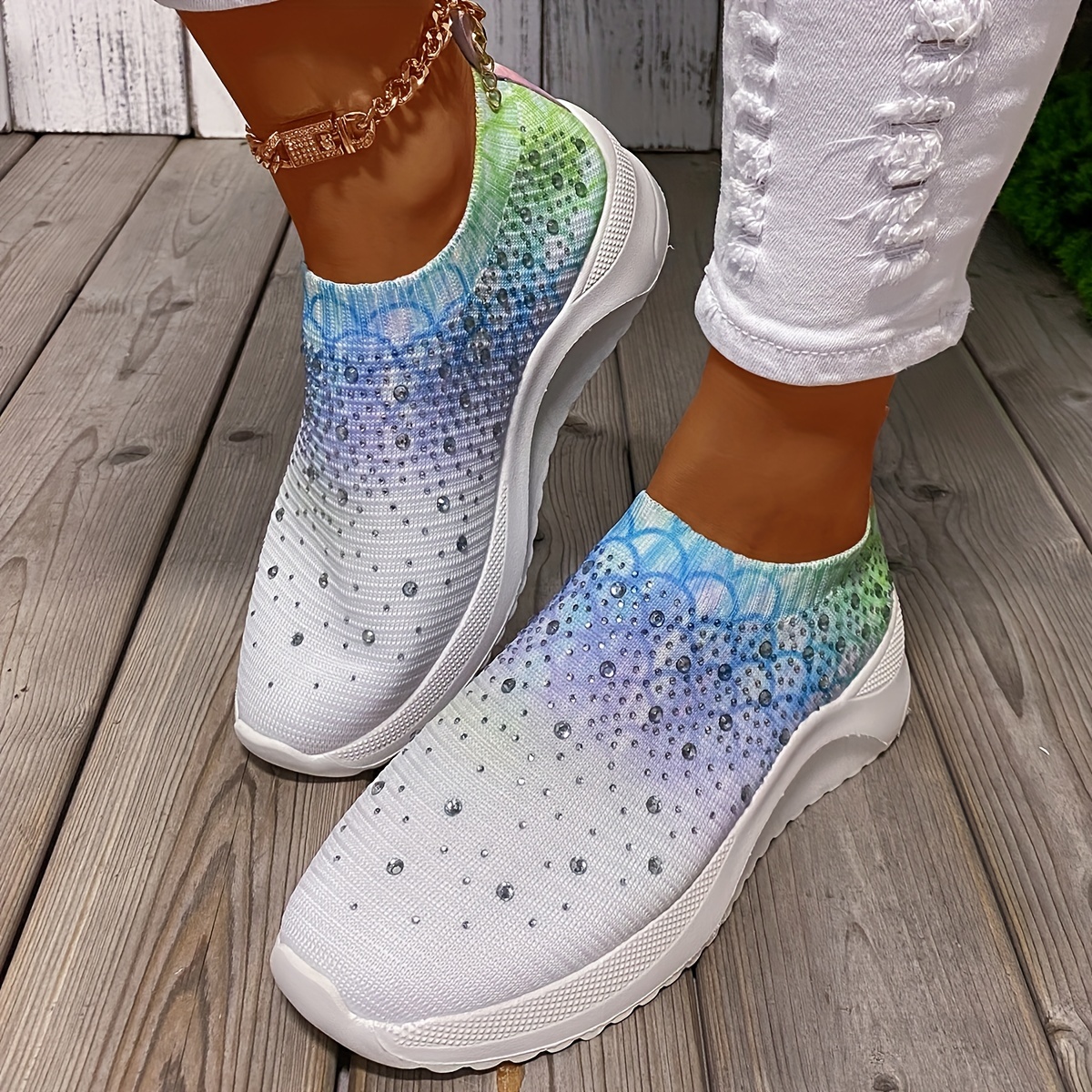 Women's Rhinestone Platform Sneakers Casual Slip-On Shoes