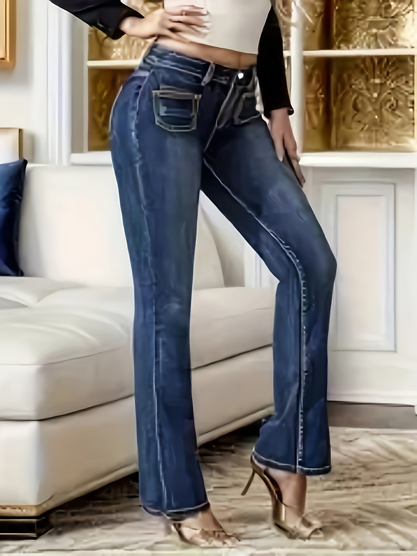 Blue Embroidered Pockets Bootcut Jeans *-Stretch Slim Fit Flap Pockets  Denim Trousers, Women's Denim Jeans & Clothing