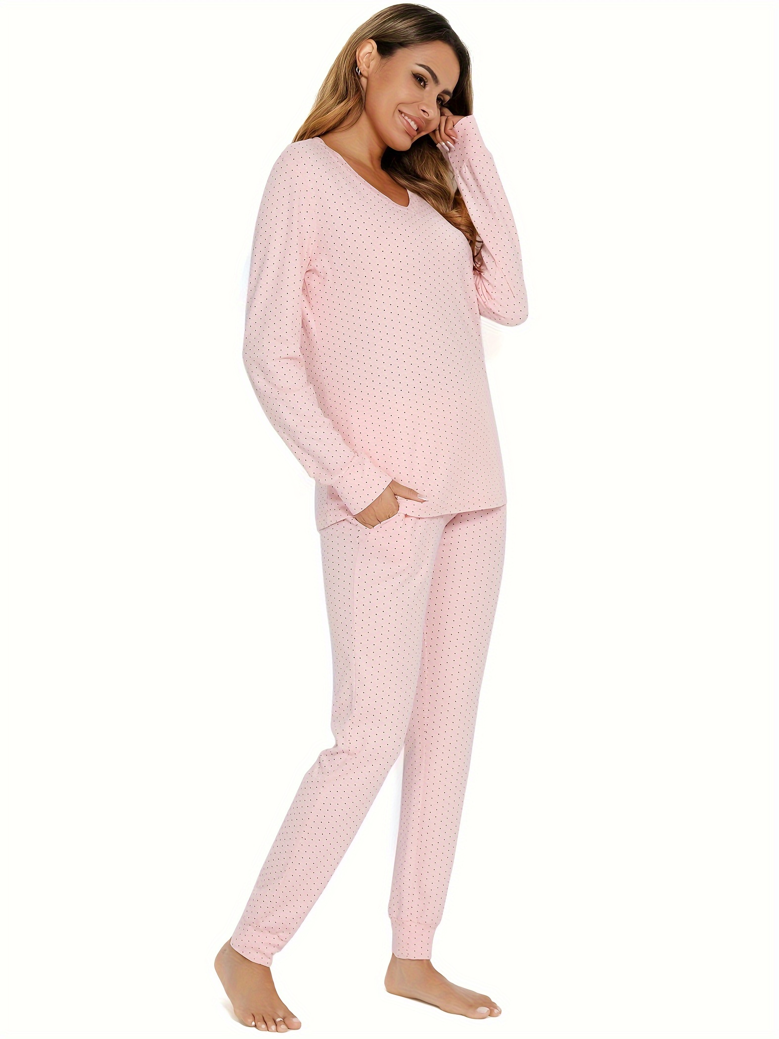 Polka Dot V-Neck Lounge Set Long Sleeve & Pants Women's Loungewear