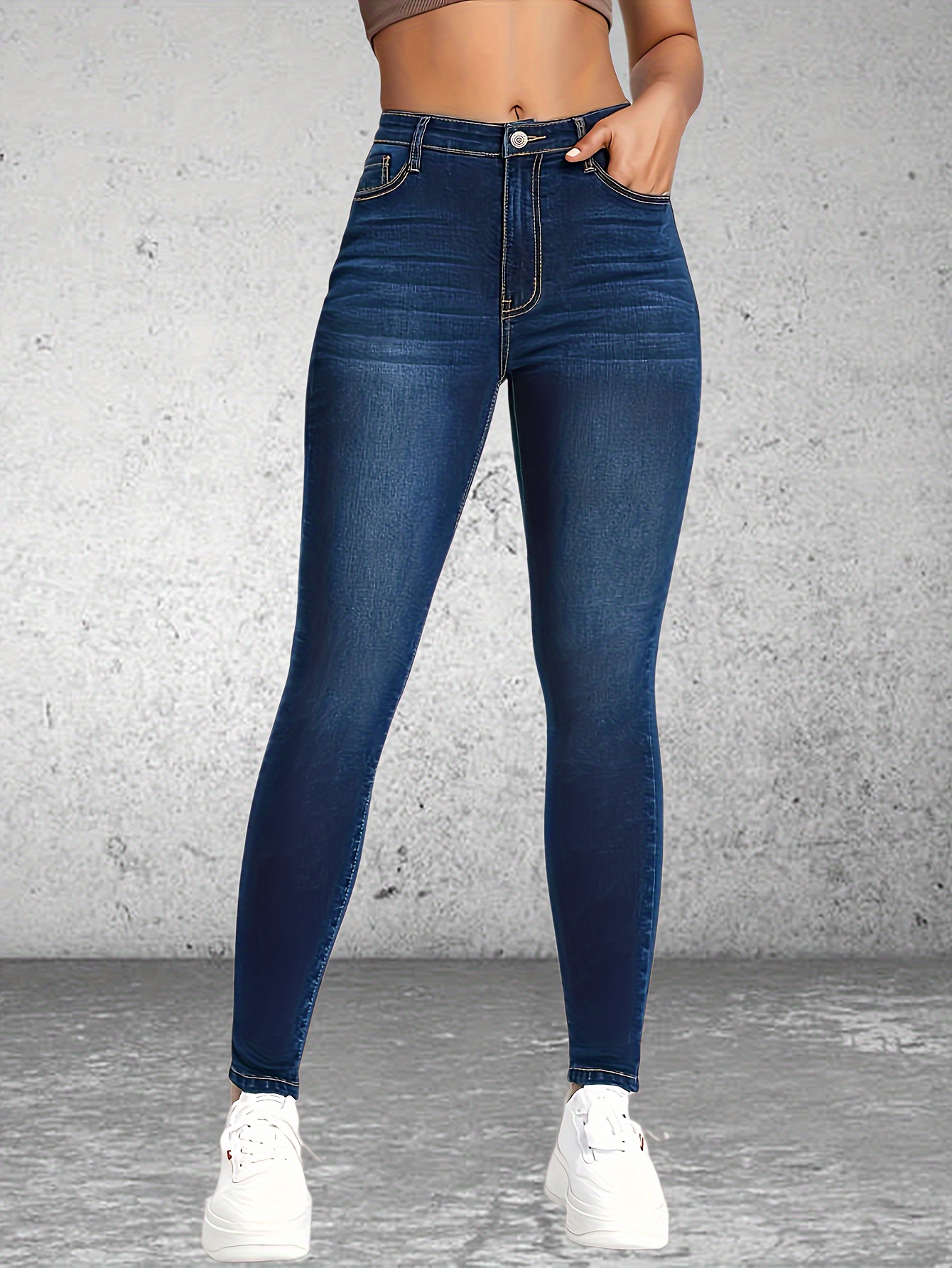 Light Blue High Waist Skinny Jeans Slash Pockets Slim Fit - Temu Canada