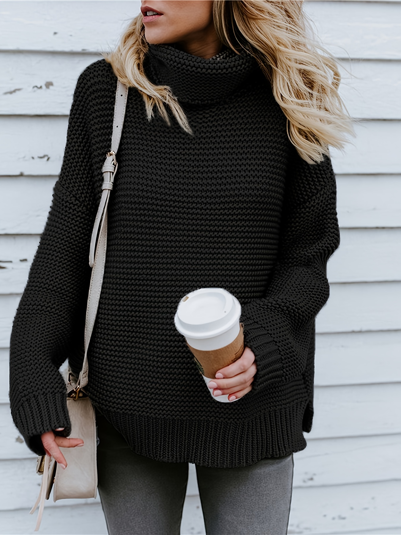 Solid Turtle Neck Pullover Sweater Casual Drop Shoulder Long - Temu United  Kingdom