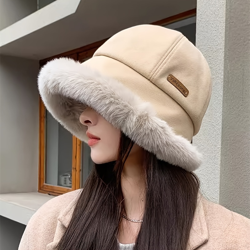 Winter Womens Plush Fishman Winter Bucket Hat With Wide Brim, Ear