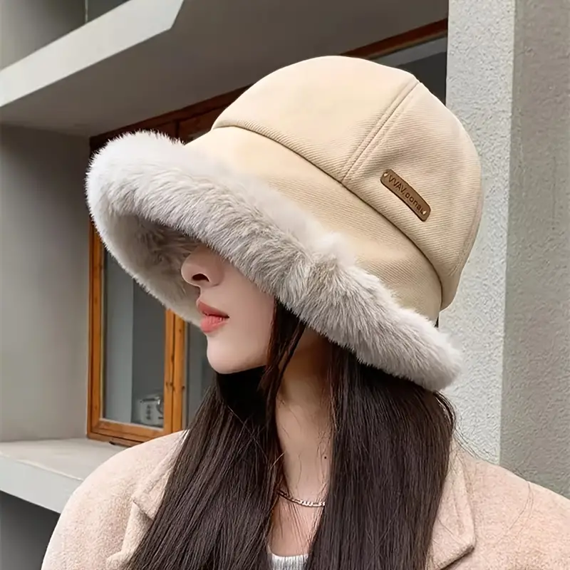 Classic Plush Bucket Hat for Women Elegant Solid Color Ear Warmer Basin Hats Winter Furry Fisherman Temu