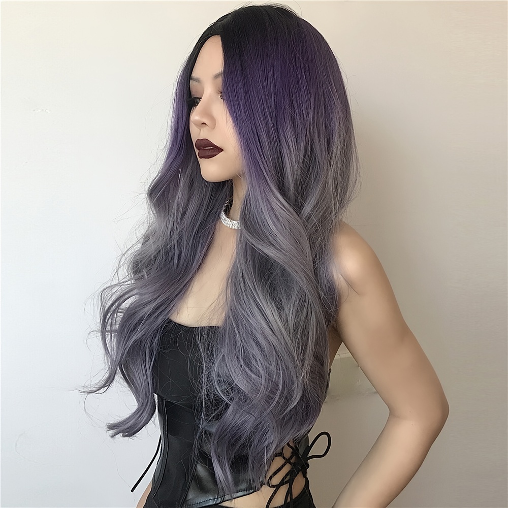 24 Inch Long Wavy Black Gradient Purple Middle Part Heat Resistant Artificial Hair Wigs For Women