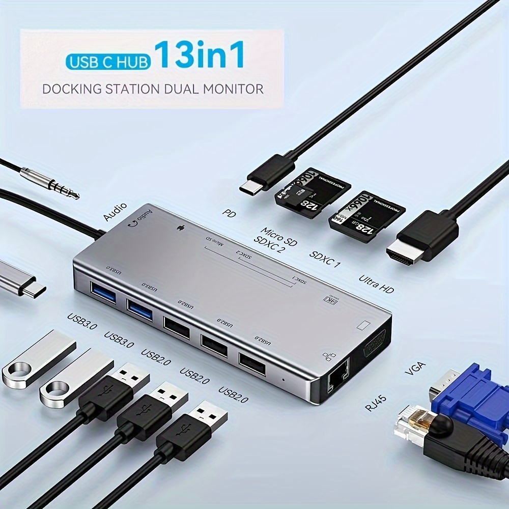 Selore - Estación de acoplamiento USB C, adaptador de monitor HDMI doble,  adaptador de 3 monitores con doble HDMI, Displayport, VGA, carga PD de 100