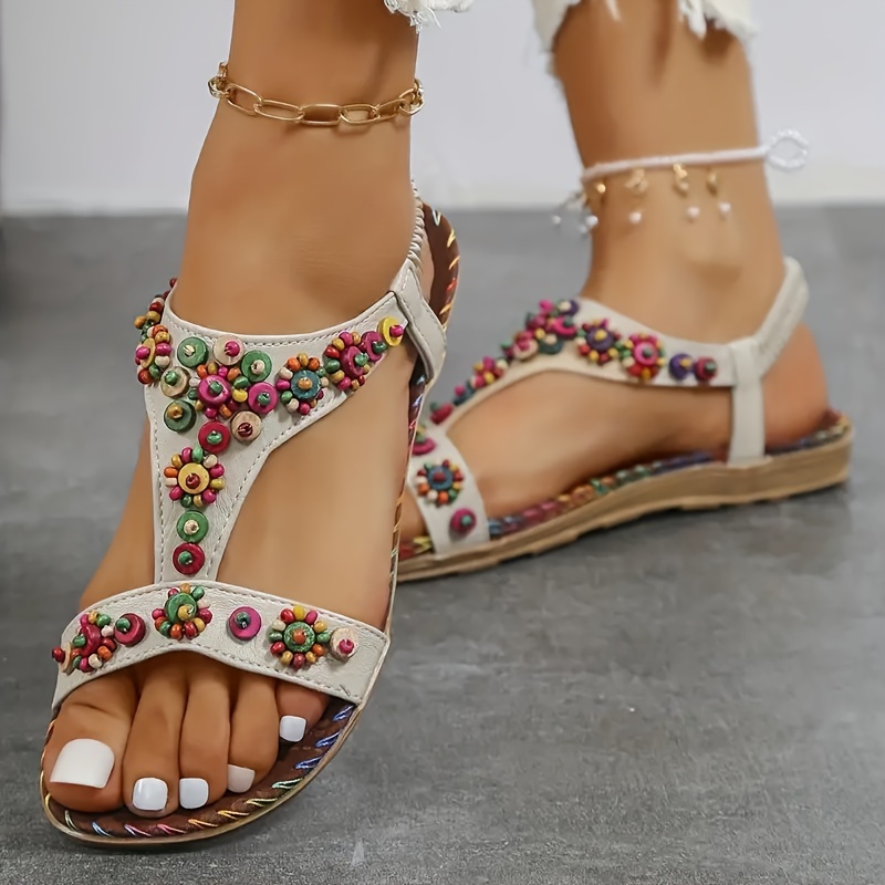 Women's T strap Flat Sandals Boho Style Colorful Beads - Temu Canada