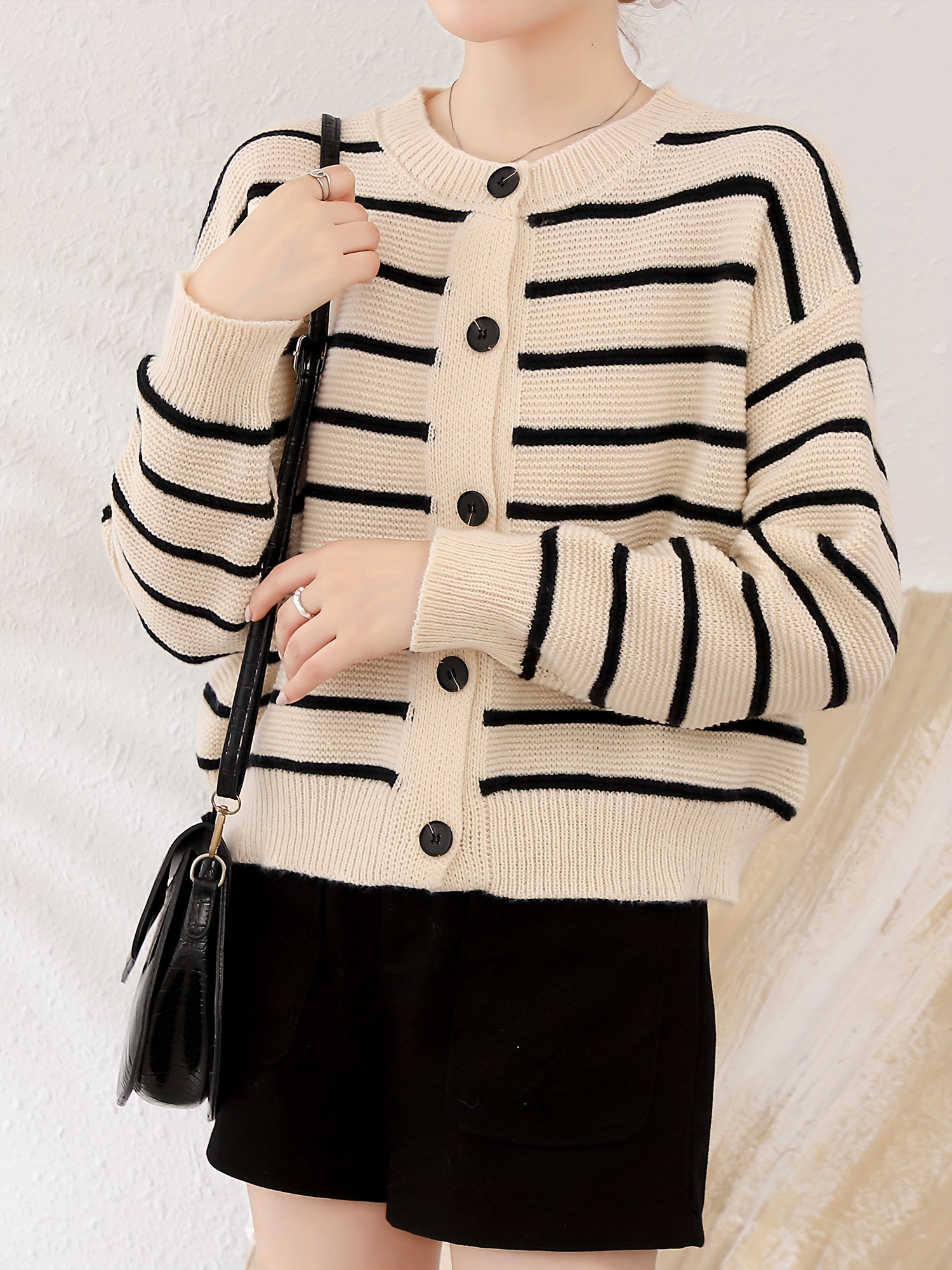 Striped Button Knit Cardigan Elegant Crew Neck Long Sleeve - Temu