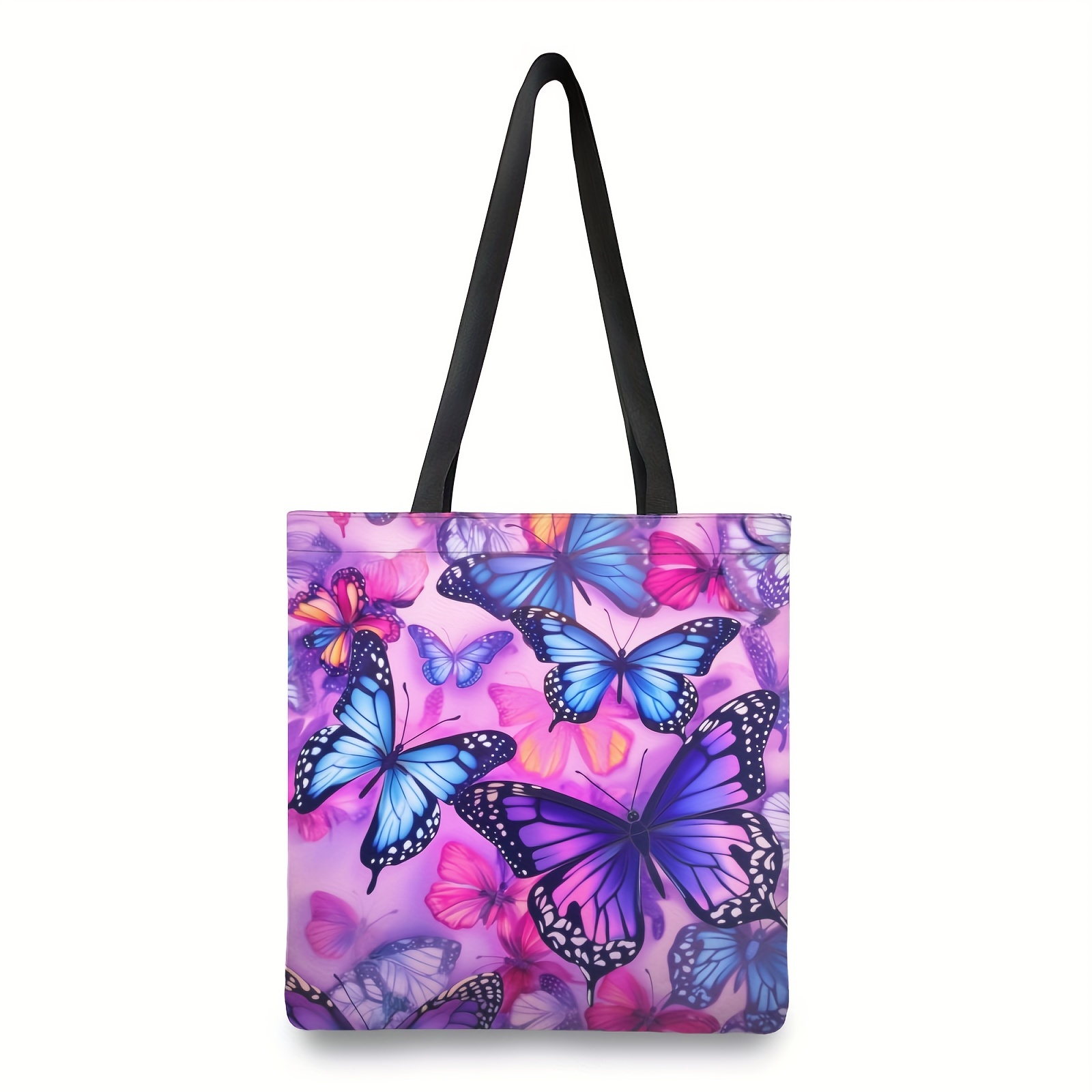 

1pc Sac Fourre-Tout en Toile avec Papillon Violet Vibrant & Fond Rose - Polyester , Grande , Design Esthétique avec Poignées Noires - | Idéal pour l'École, l'Épicerie, la Plage & , Décoration Papillon