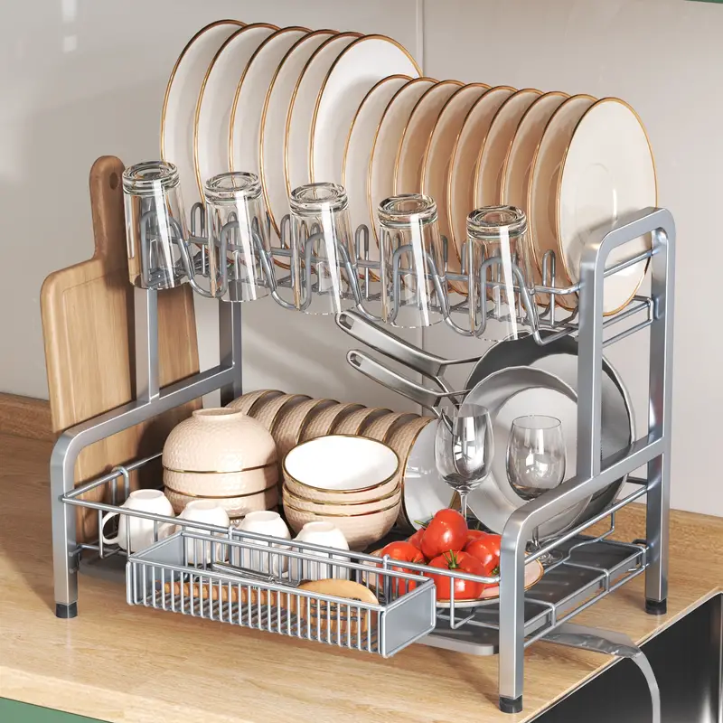 1pc Dish Drying Rack And Drainboard Set, Large Stainless Steel Sink  Organizer Dish Rack With Cups Holder, Countertop Dish Strainer Shelf,  Tableware So